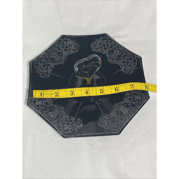 Art Deco Black Amethyst Glass Serving Tray Heart Handle Sterling Silver Design - Picture 4 of 4